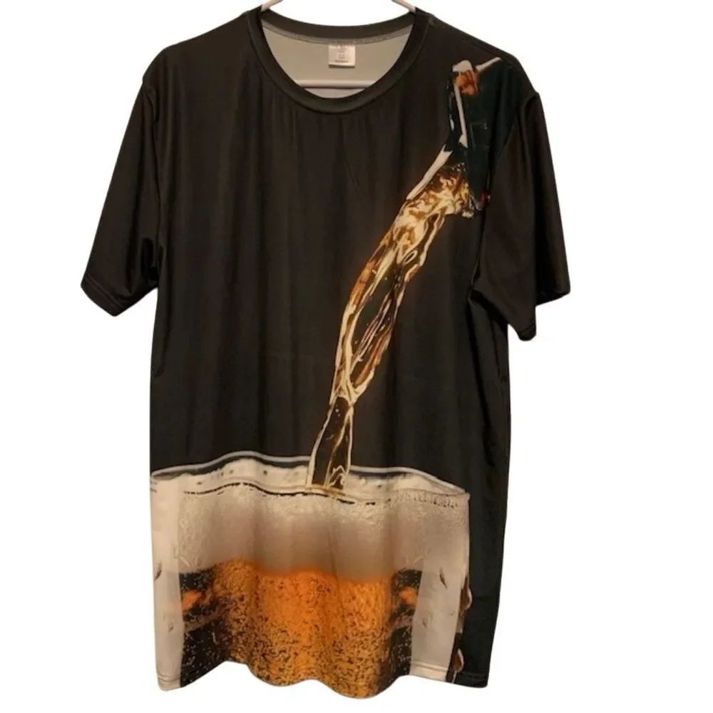 SA-SHINE SIZE LARGE ALL OVER PRINT BEER POURING IN GLASS POLYESTER T-SHIRT